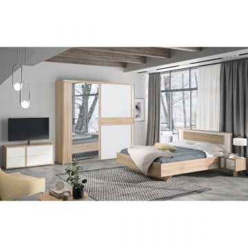 Ensemble de chambre Alto | Lit double, table de chevet, meuble TV, armoire | Chêne Sonoma/blanc design