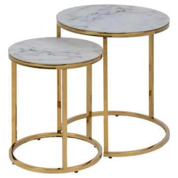 Ensemble de 2 tables d'appoint rondes Anika - marble blanc/doré