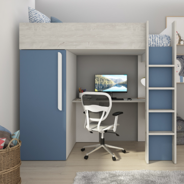 Dormeur haut Bo9 90x200 cm avec bureau et armoire - bleu