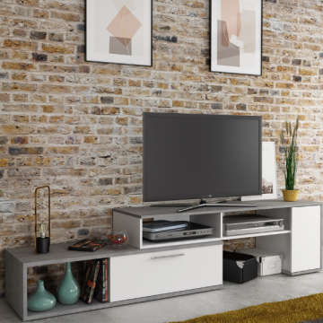Meuble TV Winn 170-250 cm avec 2 armoires et 4 compartiments - béton/blanc