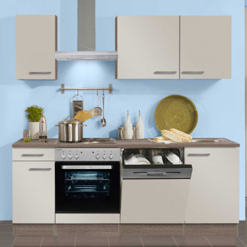 Kitchenette Bistrot 210 cm avec espace pour lave-vaisselle et cuisinière encastrée avec four-beige brillant/ chêne trufflé