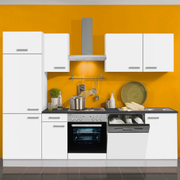 Kitchenette Bistrot 270 cm avec espace pour cuisinière avec four, lave-vaisselle et réfrigérateur avec compartiment congélateur-blanc