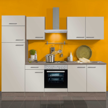 Kitchenette Bistrot 270 cm avec espace pour cuisinière avec four et combi réfrigérateur-congélateur-beige brillant/ chêne trufflé