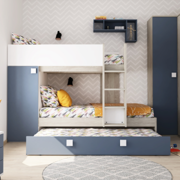 Lit superposé Lio avec armoire et tiroir-lit - pin/blanc/bleu