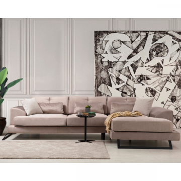 Canapé d'angle confortable et élégant | Couleur beige, structure en bois de hêtre | 308 x 190 cm | Dossier réglable