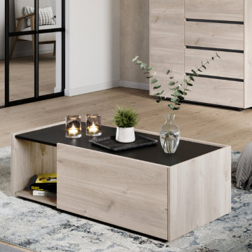 Table de salon Grillo 112x53cm avec espace de rangement - décor chêne/noir