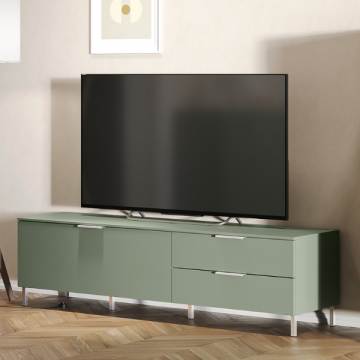 Meuble TV Kendra avec porte abattante & 2 tiroirs - vert taupe