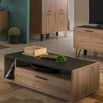 Table de salon Trevi 110x60cm avec tiroir de rangement - décor chêne/noir