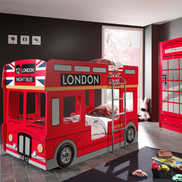 Lit superposé bus londonien 90x200+éclairage LED+armoire à 2 portes-rouge