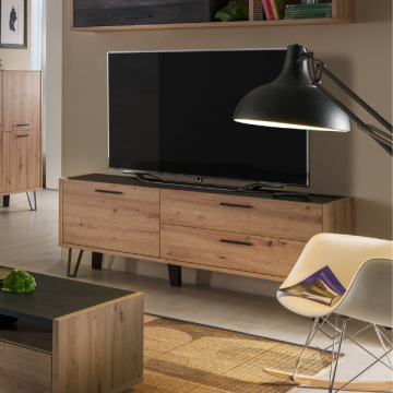 Meuble tv Trevi 150cm avec 1 porte & 2 tiroirs - décor chêne/noir