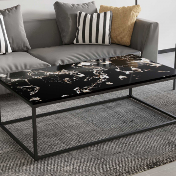 Table basse noire à l'aspect marbré Livorno | Cadre en métal | 35x120x60cm