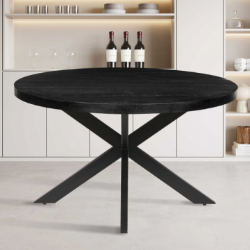 Maria 130cm Table ronde Mango - Structure en métal, plateau en bois exotique noir