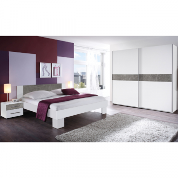 Set de chambre Lola avec lit 180x200, 2 chevets et armoire - blanc/béton