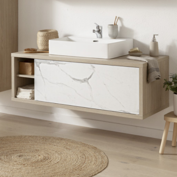 Meuble lavabo Latima 123cm avec bassin et tiroir de rangement - chêne/marbre