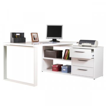 Bureau d'angle avec bloc-tiroirs Disegno | 160 x 140 x 74,8 cm | Design blanc brillant