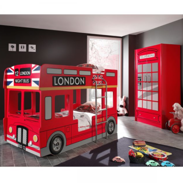 Lit superposé bus londonien 90x200+éclairage LED+armoire à 2 portes-rouge