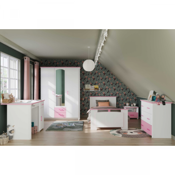 Chambre d'enfant Biotiful: bureau, lit 90x200, chevet, commode, armoire - blanc/rose