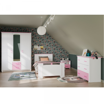 Chambre d'enfant Biotiful: lit 90x200, chevet, commode, armoire - blanc/rose