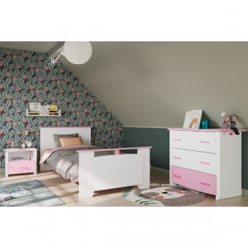 Chambre d'enfant Biotiful: lit 90x200, chevet, commode - blanc/rose