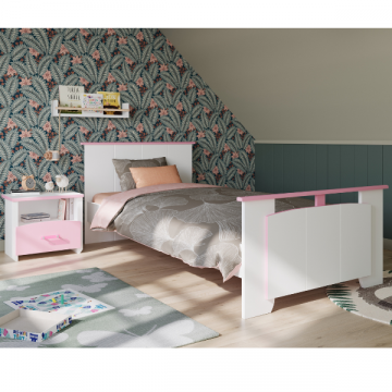 Chambre d'enfant Biotiful: lit 90x200, chevet - blanc/rose