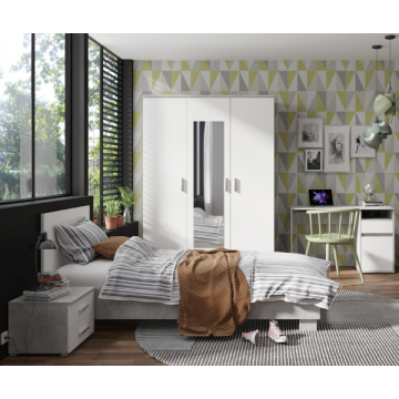 Chambre d'ado Soma: bed 90x200, chevet, armoire, bureau - blanc/béton