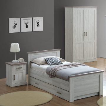 Chambre d'ado Emily: lit 90x200 avec tiroir, chevet, armoire - gris chêne