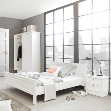 Chambre Landwood: lit 140x200cm, chevets, armoire - blanc