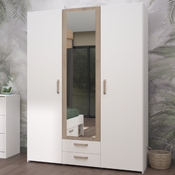 Armoire Sueno 150cm avec trois portes, deux tiroirs et miroir - blanc/chêne