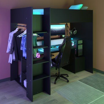 Lit mezzanine LevelUp 90x200cm avec bureau gamer - noir