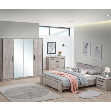 Chambre à coucher Sela: lit 180x200cm, chevet, armoire, commode - chêne gris