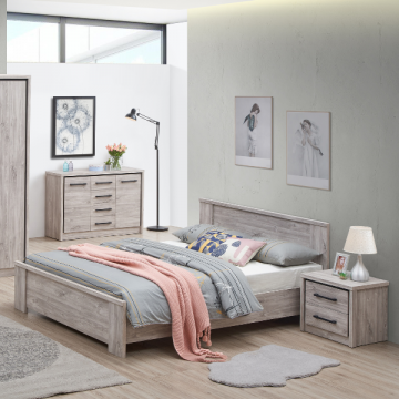 Chambre à coucher Sela: lit 160x200cm, chevet, commode - chêne gris