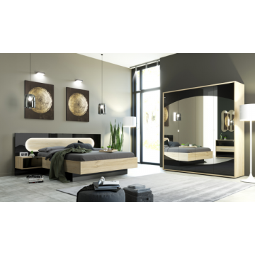 Chambre à coucher Avalon: lit 160x200, chevet, armoire - chêne/noir brillant