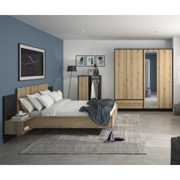 Chambre à coucher Marzano: 160x200cm, deux armoires - décor chêne/noir