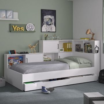 Lit adolescent avec tiroir de lit et rangement Erwan | 90 x 200 cm | Blanc