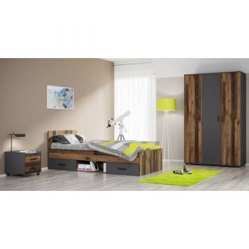 Ensemble de chambre d'adolescent Ramos | Lit simple avec tiroirs, table de chevet, armoire (3 portes) | Kastamonu design