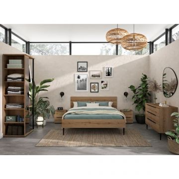 Ensemble de chambre à coucher Lucian | Lit double, tables de chevet, commode, portemanteau | Helvezia Oak design