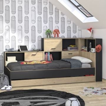 Lit adolescent avec tiroir de lit et rangement Erwan | 90 x 200 cm | Châtaignier design