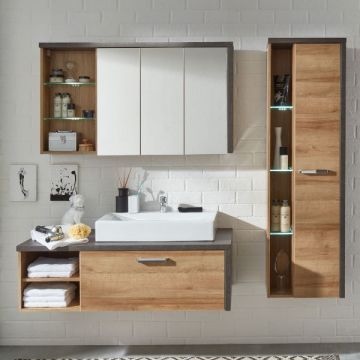 Combinaison salle de bain Bay | Meuble lavabo, armoire murale et armoire de toilette | Riviera Honey Coloured Oak