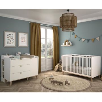 Ensemble de chambre d'enfant Aaron | Lit bébé/enfant, commode avec table à langer et meuble de rangement | Blanc