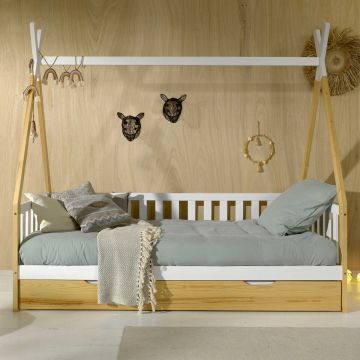 Lit tipi 90 x 200cm avec barrière et tiroir de lit bois massif - bois de pin/blanc