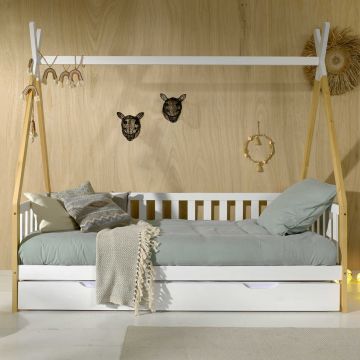 Lit tipi 90 x 200cm avec barrière et tiroir de lit bois de pin - blanc
