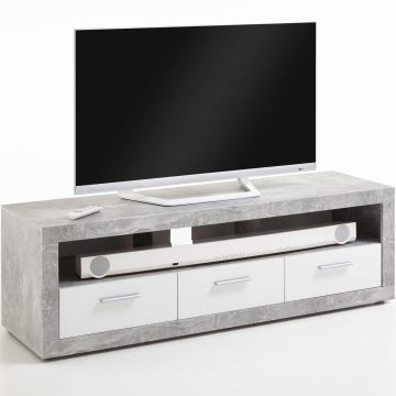 Meuble tv Turbo 150cm à 3 tiroirs - béton/blanc brillant