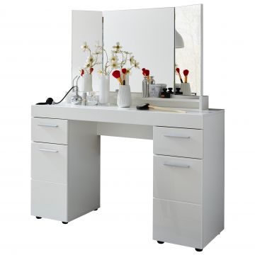 Bureau et coiffeuse Amanda avec miroir | 120 x 41 x 141 cm | Mélaminé | High Glossy White