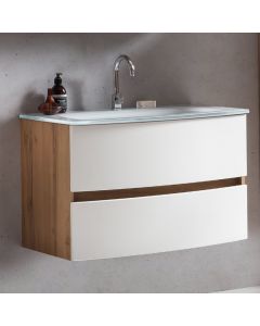 Meuble vasque Kornel 80cm avec vasque blanche - chêne/blanc mat
