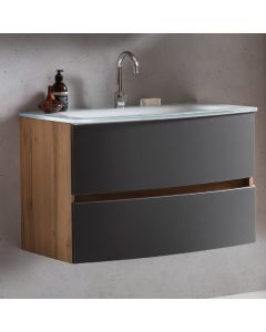 Meuble vasque Kornel 80cm avec vasque blanche - chêne/gris mat