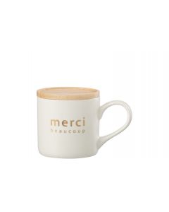 Mug + couvercle message porcelain / bois blanc / or