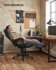 Gaming chair chaise de bureau, repose-pieds, hauteur réglable, angle d'inclinaison ergonomique 90-135° Charge 150 kg Noir Bleu