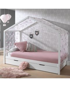 Lit cabane Dallas 3 90x200, tiroir de lit & voile avec dessin de papillons - blanc/rose