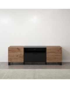 Meuble TV Kendo | 144 x 40 x 47 cm | 2 portes, 1 abattant, 2 étagères | Noir / Chêne